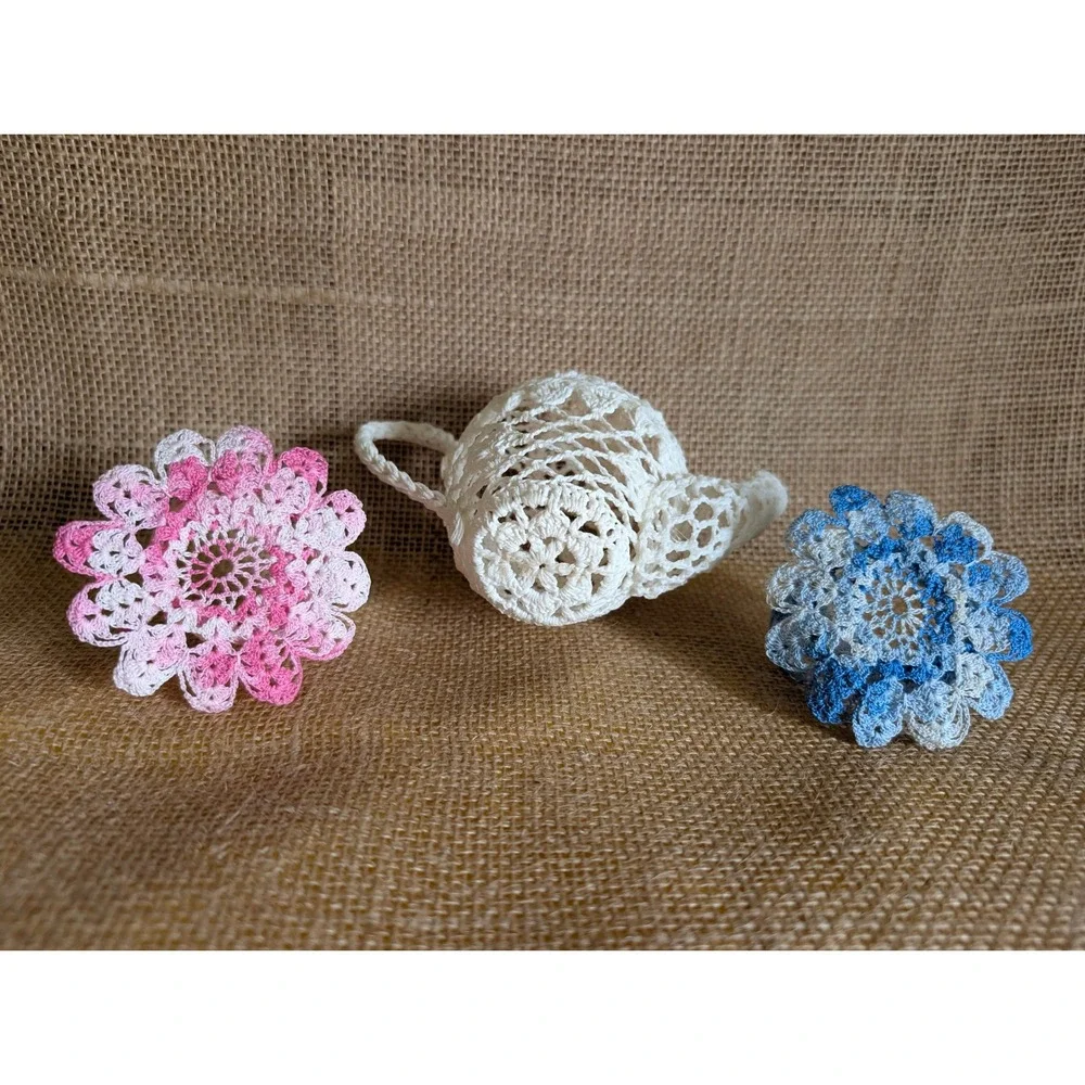 Handmade Stiffened Crochet Doily Tea Set Teapot Teacups Saucers Pink Blue White